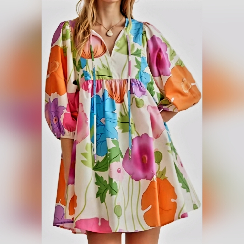 Entro Floral Puff-Sleeve Babydoll Dress